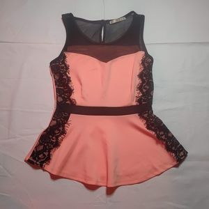 Danbee Tank Top Women's Small Pink Black Lace Sleeveless Round Neck Peplum Shirt